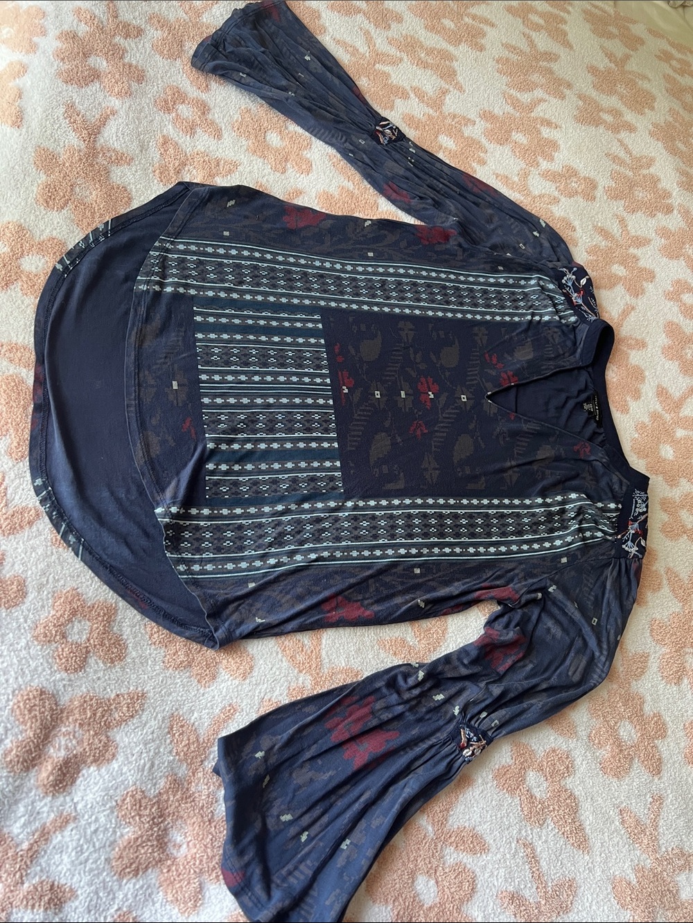 Navy Boho Lucky Brand Printed Tunic Top with Subtle Accents